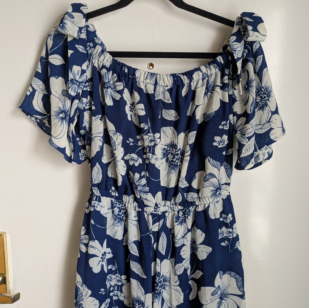 AUW Blue White Floral Tropical Wide Leg Jumpsuit w/ Pockets Shoulder Ties - Picture 13 of 16